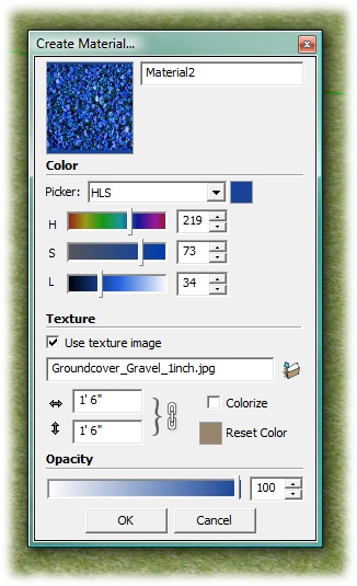 Additional controls and boxes are activated when you check the "Use texture image" box. You can choose a texture image file and change the dimensions used to tile the image. You can also adjust the color and transparency of the material.