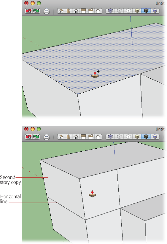 Top: While using Push/Pull, press and release the Ctrl key (Option key for Macs), and the tool changes to copy mode.Bottom: Instead of just moving the selected face, Push/Pull makes a copy of the face and uses it for the extrusion. Notice the horizontal line that marks the position of the original face.