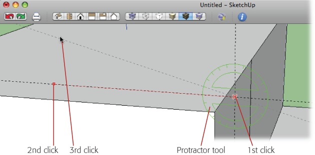 It takes three clicks to create an angled guide using the Protractor tool. The first click creates a center point. Move the cursor away from the center point and click again to establish one line that forms the angle. Move again and click a third time to create the angled guide. The Measurements toolbar (not shown here) displays the angle in degrees.