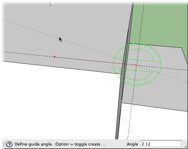 When you work with the Protractor, you use the Measurements toolbar to enter precise values. The value can be expressed as degrees, or it can be expressed in slope notation, as in 2:12.