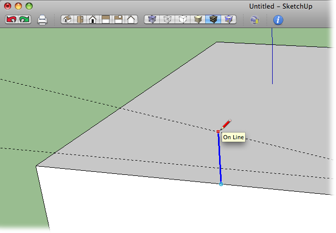 Use the midpoint in the top edge of the building as a starting point. Then draw a vertical line that reaches up the guide created by the Protractor tool.