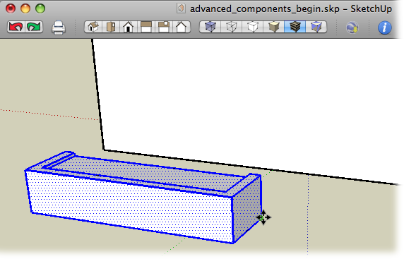 When you're moving entities, it's always best to match a specific point on the object being moved to a specific point on another object. Here the lower-right back corner is selected with the Move tool. It will be moved to the bottom edge of the house's wall.