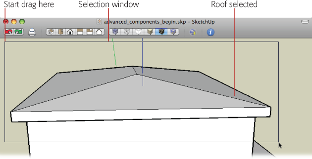 Drag the selection window from the left to right, as shown here, to select all the entities completely within the selection window. When you drag in the other direction, from right to left, SketchUp selects all the entities partially within the selection window.