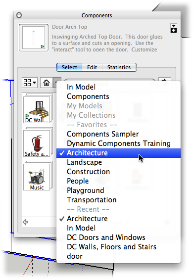 When you click the Navigation button in the Components window, you see a list of all component collections. At the top of the list, the In Model collection shows the components that are stored in your SketchUp document. The other collections may be stored on your computer or at the Google 3D Warehouse.