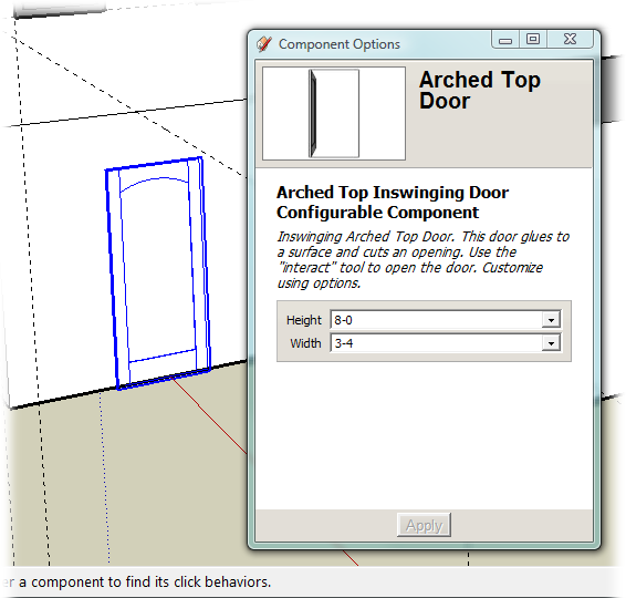 The Component Options for the Arched Top Door explain that it's an inswinging door that glues itself to the surface and cuts an opening. When clicked with the Interact tool, the door opens and closes. Use the drop-down menus to change the width and height of the door.