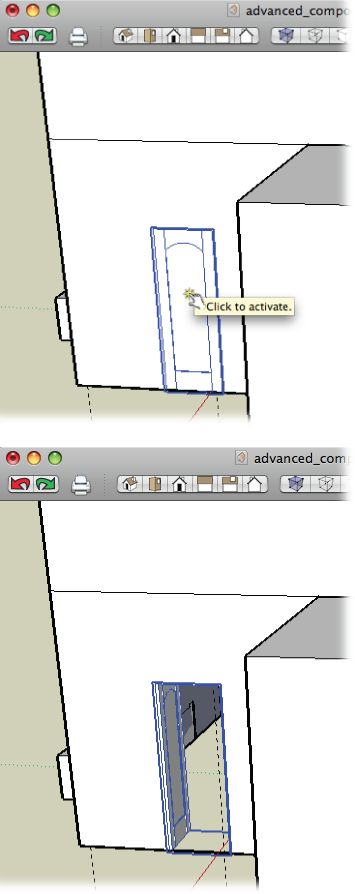 Dynamic components may have interactive features.Top: Choose Tools → Interact and the cursor changes to a finger.Bottom: Click the door and it opens and closes.