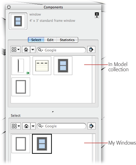 You can move components between collections by dragging them between the panes in the Components window. Here the In Model components are at the top, and the My Windows collection is below.