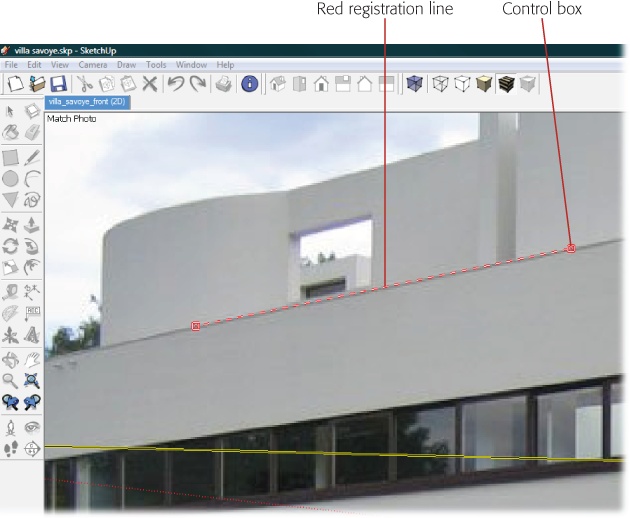 Use the control boxes on the ends of the dashed lines to arrange the registration lines along parallel lines in the structure. The rectangular faces of the building are perfect for aligning the registration lines. The windows in this building would also work well for aligning the registration lines.