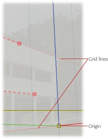 The grid lines here are dotted, red lines. One line runs horizontally from the Origin. The next line is matched to the height of the wall. The grid is made up of 20-foot squares, but because of the 3-D perspective, they don't appear square on your monitor.