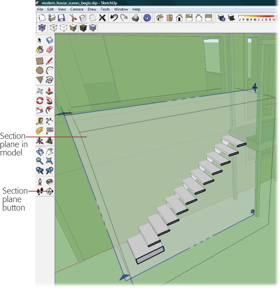 The section plane is an imaginary plane that you can move to reveal the innards of your model. Here the blue frame and arrows indicate that the section plane is selected.