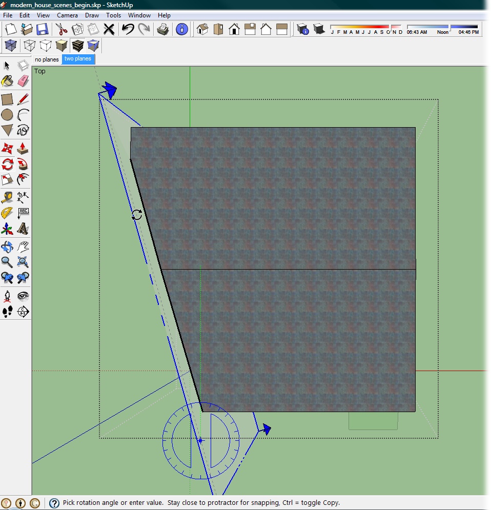 You use the same tools and techniques to rotate a section plane as you use to rotate any shape in SketchUp. Here the section plane is being positioned to create an angled section view of the house.