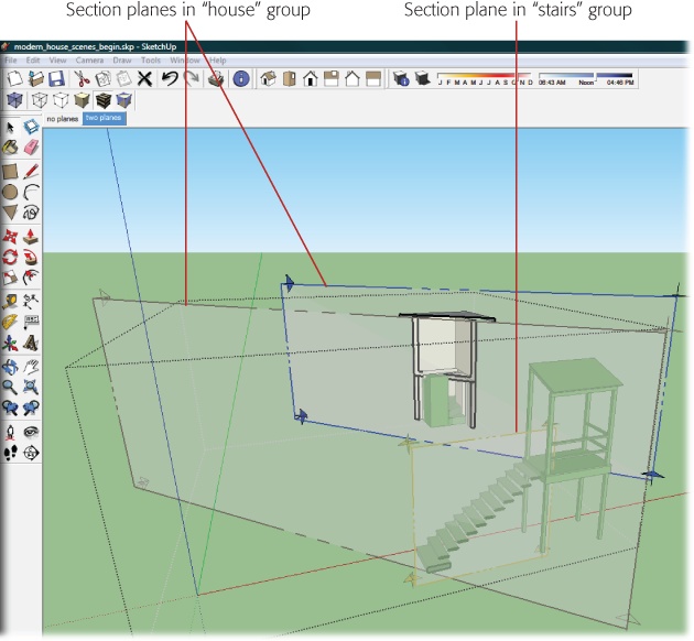 This SketchUp view shows three section planes: one in the "stairs" group and two in the "house" group. The plane with the blue highlights is active and determines what's visible and not visible in the "house" group.