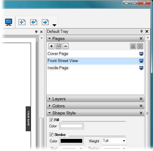 On the Pages tray's right side, use the buttons to show page names or page thumbnails. The video screen button to the right of each page name is a toggle that determines whether the page is included in LayOut's PowerPoint-style presentations.