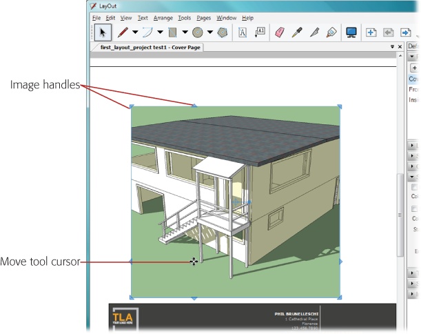 Once a SketchUp model is imported into your LayOut document, you move and resize the image as you would any 2-D graphic. Drag the image handles to change the image's size. Drag the image to move it.