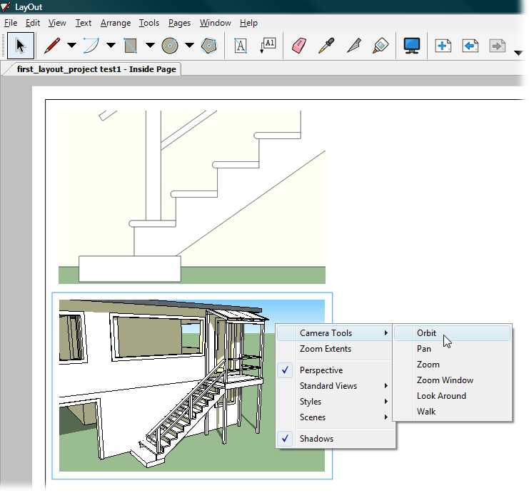 Double-click a model graphic to open it for 3-D changes. Then right-click the image to see a menu of 3-D SketchUp style commands, like Camera Tools, Styles, and Scenes.