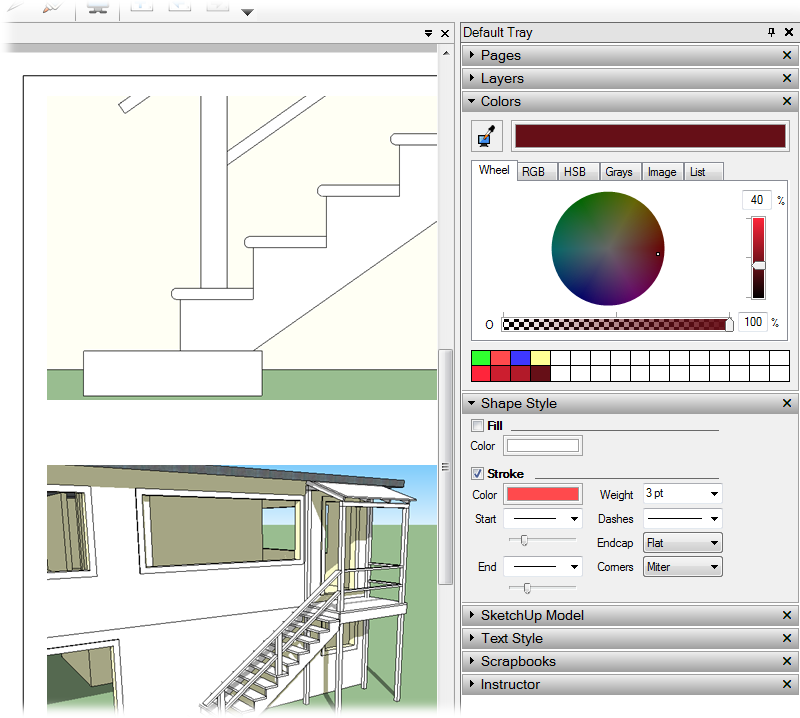 The tools for specifying colors, line weight, and transparency are pretty standard. If you've had experience with any computer drawing tools, it's unlikely that you'll feel lost in LayOut.