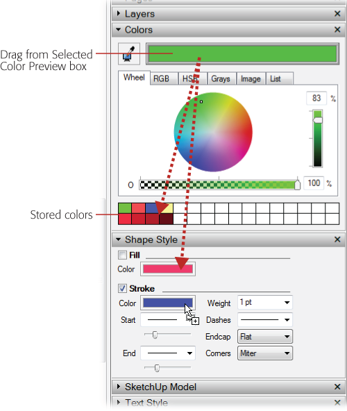 To apply a color, click the color in the Selected Color preview box, then drag it to a color box in the Shape Style tray, to a stored color box, or directly onto an object in the drawing window.