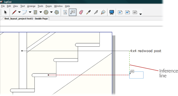 LayOut provides inference lines to help you quickly align different elements on the page. Here, an inference line makes it easy to align the text for callouts.