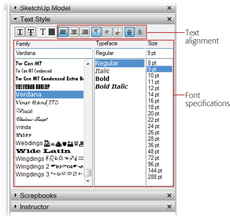 Text formatting in LayOut works as it does in most programs, including word processors. Select the text and then choose the type style, size, and alignment properties.