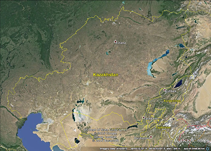 Google Earth map shows territory of Kazakhstan with its cities like Astana.