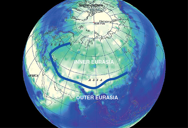 Map shows Inner Eurasia as low rainfall region and Outer Eurasia as high rainfall region.