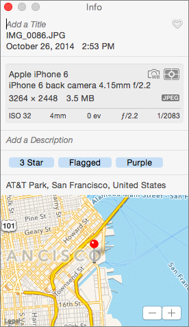 **②** Items are imported with geotagging data, but star ratings, flagged status, and even colors are converted into keywords.