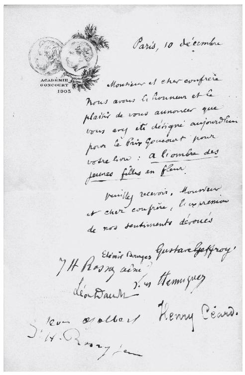 Illustration. Lettre de l’Académie Goncourt à Marcel Proust, 10 décembre 1919.