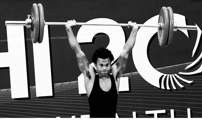  XIX Commonwealth Games-2010 Delhi: Weight Lifter Molisa Pala Basil Mera of Vanowato in a action moment during Weight lifting 85 KG category at Jawahar Lal Nehru stadium on October 8, 2010.