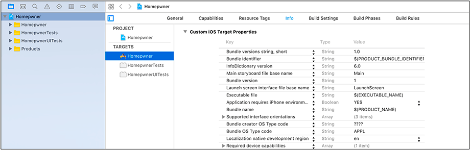 Opening the project info