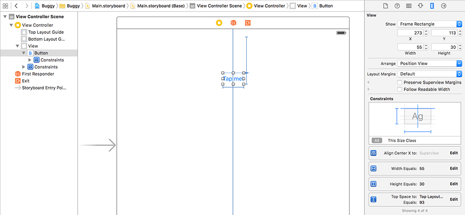 Auto Layout constraints for the Tap me! button