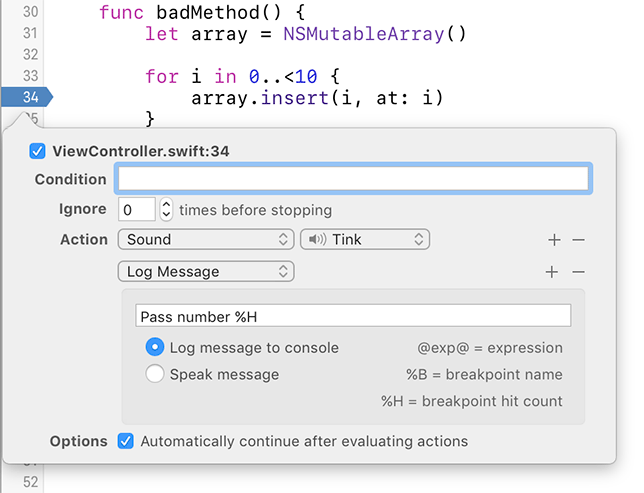 Assigning multiple actions to a breakpoint