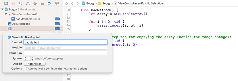 Adding a symbolic breakpoint