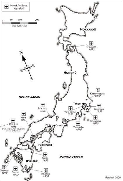 Map 2-1. Japanese naval air bases, home islands, 1916–1937