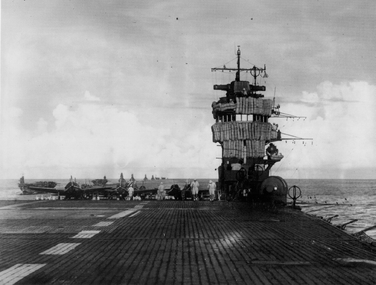 Photo. 7-1. The aircraft carrier Akagi off Kendari, the Celebes, 26 March 1942, followed by the carriers Sōryū and Hiryū, four battleships, and the carriers Shōkaku and Zuikaku