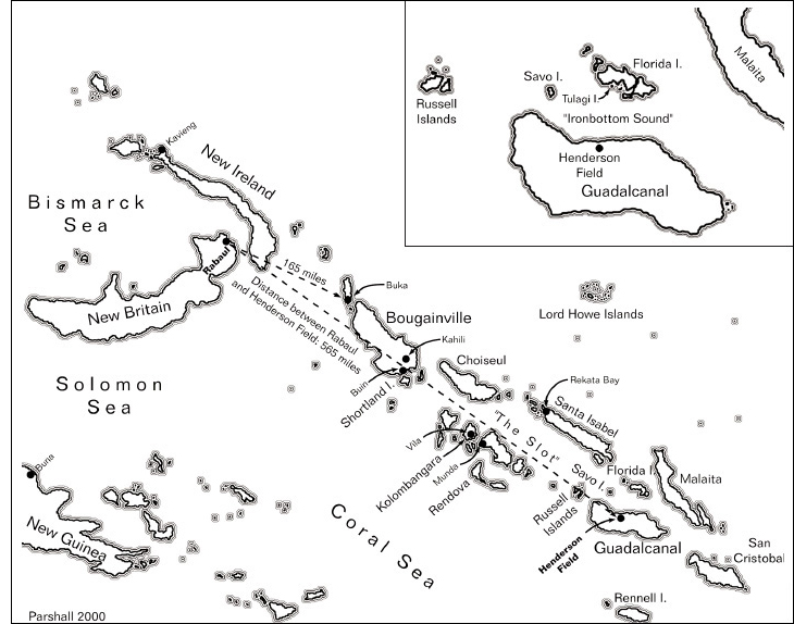 Map 7-2. The Solomon Islands air combat theater, 1942–1943