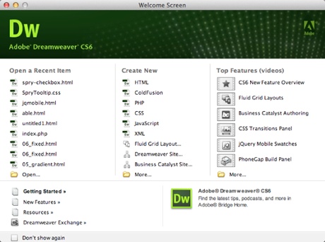 Dreamweaver’s Welcome screen lets you open existing Dreamweaver files, create new ones, and learn more about the program. It disappears as soon as you open a web page. If you just don’t have any use for this window, turn on the “Don’t show again” checkbox in the lower-left corner.