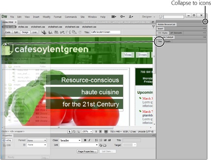 You’re not limited to keeping all of Dreamweaver’s panels on the right side—you can move individual panels to other parts of the screen. In this figure, grabbing the Files panel’s tab lets you drag the panel to the left edge of the screen. A ghosted version of the panel appears as you do. When you see a thick blue line on the screen’s edge, drop the tab to create a panel that takes up the entire edge of the screen. In other words, in this figure, dropping the Files panel tab creates a full-height column on the left edge of the screen composed entirely of Files panel objects—the document window and Property Inspector move to the right to make room.