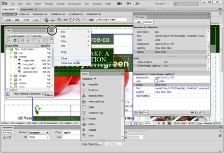 Here, the Files, Insert, and CSS Styles panels float. Each panel has its own Context menu icon (circled on the right side of the Files panel). Clicking the button reveals a shortcut menu that lets you work with features specific to that panel. This menu also offers generic panel actions, such as closing the panel. If you find you’ve made a mess of your workspace and want to return Dreamweaver to the way it normally lays out panels, use the Workspace Switcher, discussed next.