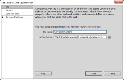 The Site Setup window lets you tell Dreamweaver about your site—where you store your files, how to connect to your web server so you can upload pages to the Internet, and so on. But to get started, you only need to fill in these two fields. You’ll find the other Site Setup categories, listed on the left above, discussed later: The Servers category lets you point Dreamweaver to your online web server so you can upload files to your live site (Chapter 17) and to a “testing server” so you can put complex, database-driven websites through their paces before going live (Chapter 21); the Version Control category is for those using the (very complex) Subversion system (most people—the author of this book included—never use this option, but if you’re curious, see the box on page 810 for more information). You’ll find the Advanced settings discussed in step 5 below and elsewhere in this book.