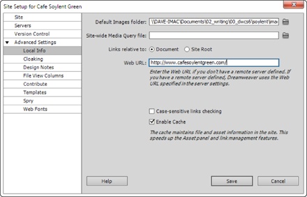 You can happily use Dreamweaver without ever visiting the Advanced Settings options in the left-hand column of the Site Setup window. The Local Info options are discussed above, and the other options are discussed elsewhere in this book: Cloaking on page 804, Design Notes on page 817, File View Columns on page 830, Templates in Chapter 19, Spry on page 215, and Web Fonts on page 146.