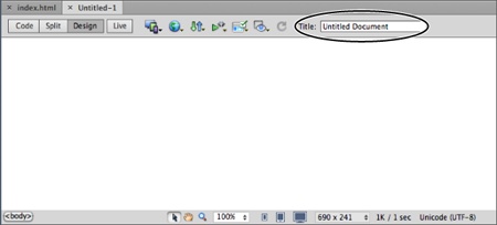 Here’s a new blank web page. Always remember to title the page by clicking inside the Title field at the top of the document window (circled) and then entering a descriptive name.