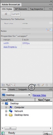 Make a panel taller or shorter by dragging the thick line separating two panels (circled). The options in some panels, like the CSS Styles panel here, are dimmed if you don’t have a web page open. You can also minimize a panel group by double-clicking its tab. For example, double-clicking the Files tab in this figure hides the Files panel (the list of files) and expands the CSS Styles panel—a good technique if you need more space for a particular panel. To re-open a closed panel, just click its tab once.