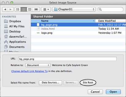 Use the Select Image Source window to insert graphics on a web page. The Site Root button (circled) is a shortcut to your local site’s main, or root, folder—a nifty way to quickly get to your root folder when you search for a file. On Windows, the Site Root button appears at the top of the window.