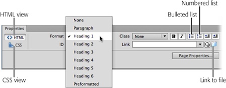 The Property Inspector includes two views: HTML and CSS. The HTML view, shown here, lets you control the HTML tags Dreamweaver applies to text: bulleted lists, paragraphs, links, and so on. The CSS view provides a simple interface for creating CSS styles so you can format text to look great.