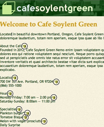 Line breaks (circled) often crop up when you copy and paste text from other programs into Dreamweaver. Follow the steps on page 55 to make sure you can see the line breaks in Design view.