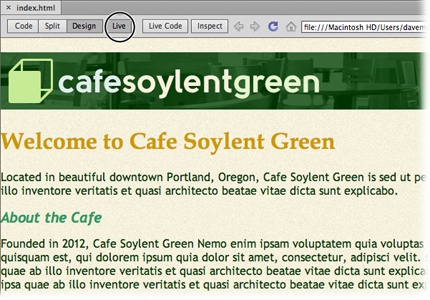 Dreamweaver’s Live view lets you preview a page in a real web browser, one built into Dreamweaver.