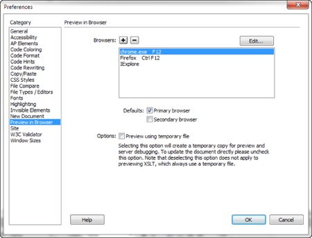 Dreamweaver can launch a web browser and load a page so you can preview your design. One option—“Preview using temporary file”—comes in handy when you work with an external CSS style sheet, as described on page 184.