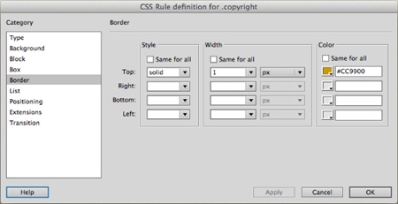 The CSS Border settings let you add a border line around any (or all) of the four edges of any page element. In this case, you’re adding a line just above the copyright notice, but when formatting a “What’s new” box, you might add a border around all four edges to make it stand out.