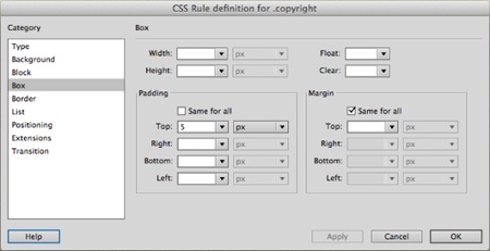 The CSS Box category lets you create page elements like sidebars. You’ll learn a lot more about these Box properties on page 447.