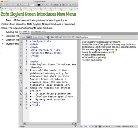 Usually when you copy text from a non-Microsoft program (top image) and paste it into Dreamweaver (bottom), you lose all formatting, and line breaks replace paragraph breaks. The five gold shields that appear at the end of some of the lines in Design view (bottom right) represent invisible line breaks (the <br> tags you see in Code view, bottom left). Select a shield and then hit Enter (Return) to get a true paragraph.